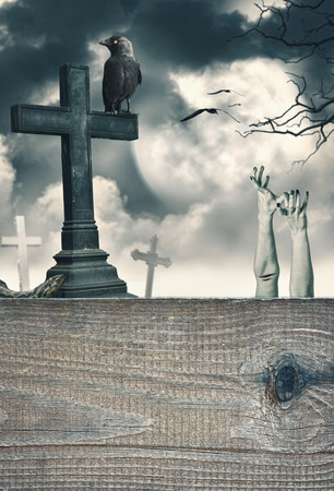 Halloween mystical spooky background with cross and wooden frameの写真素材