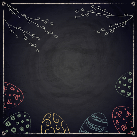 Easter background with willow branches and eggs on chalkboard. Vector illustrationのイラスト素材