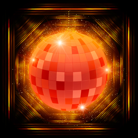 Mirror disco ball on shining retro background. Vector illustration.のイラスト素材