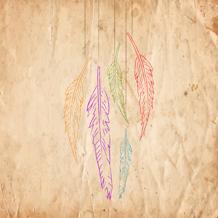 Hanging feathers on the old paper background. Vector illustrationのイラスト素材