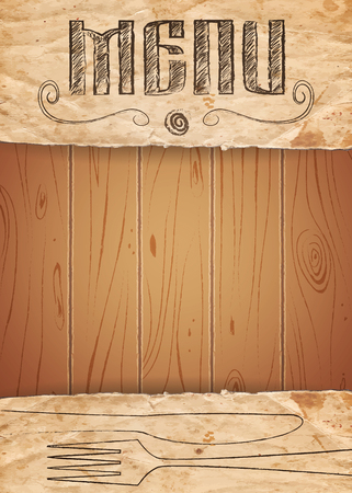 Menu of restaurant on old paper and wooden background. Vector illustrationのイラスト素材