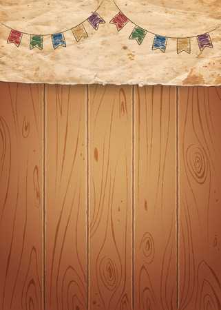 Drawing bunting flags on old paper and wooden background. Vector illustrationのイラスト素材