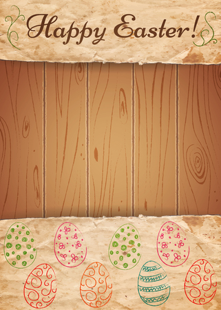 Easter eggs on old paper and wooden background. Vector illustrationのイラスト素材