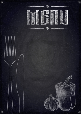 Menu of restaurant with hand drawn vegetables on black chalkboard background Vector illustrationのイラスト素材