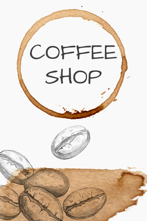 Hand drawn coffee beans and watercolor spot isolated on white. Vector illustrationのイラスト素材