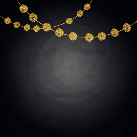 Chalkboard background with golden bunting party decor. Vector illustrationのイラスト素材