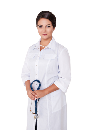 Beautiful woman doctor with stethoscope smiling isolated on white backgroundの写真素材