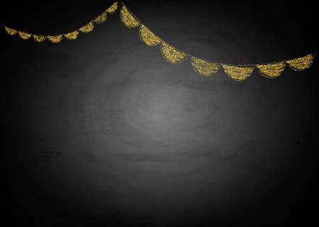Chalkboard background with golden drawing bunting flags. Vector illustrationのイラスト素材