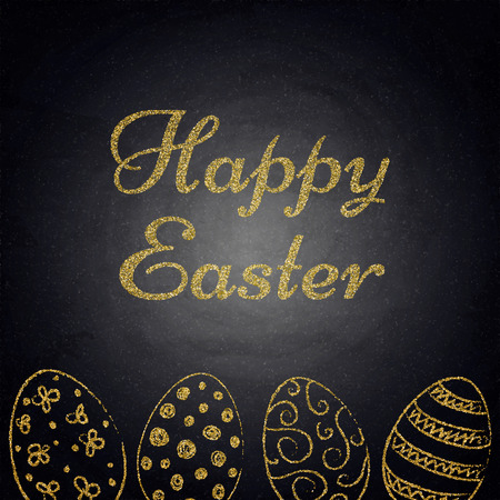 Easter background with golden eggs on chalkboard. Vector illustrationのイラスト素材