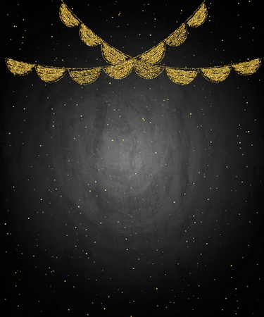 Chalkboard background with golden drawing bunting flags. Vector illustrationのイラスト素材