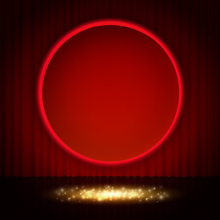 Shining retro red round banner on stage curtain. Vector illustrationのイラスト素材
