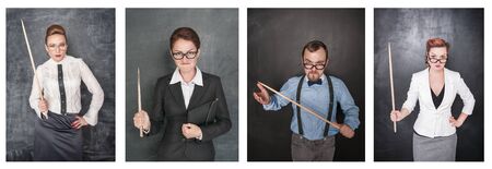 Set of funny angry teacher in eyeglasses with pointer on blackboard backgroundの写真素材