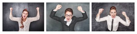 Set of Angry screaming woman on the blackboard background