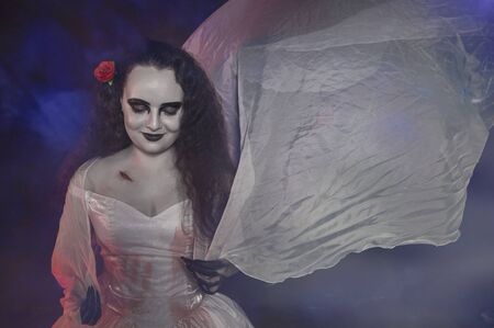 Portrait of beautiful pale skin woman in gothic style. Halloween scene