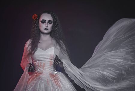 Beautiful ghost woman in wedding bloody dress. Halloween scene