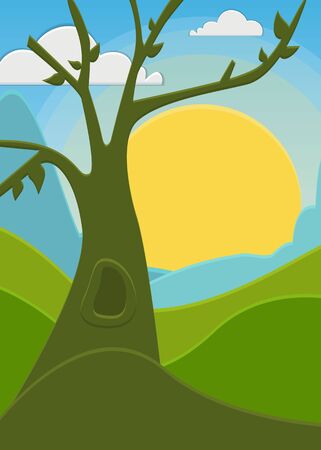 Nature summer landscape background with green tree, sky and sun. Vector design for template, cover, card
のイラスト素材