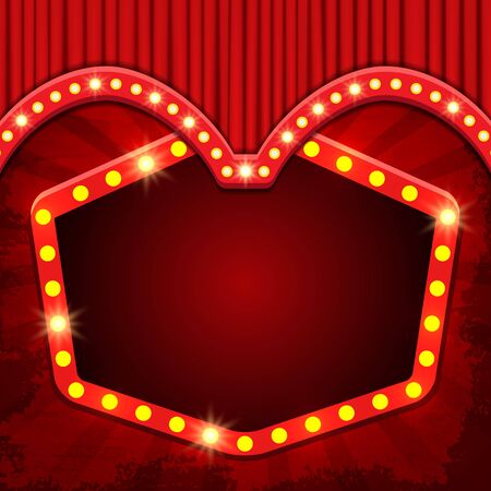 Retro banner on vintage background with red curtain. Design for presentation, concert, show. Vector illustrationのイラスト素材