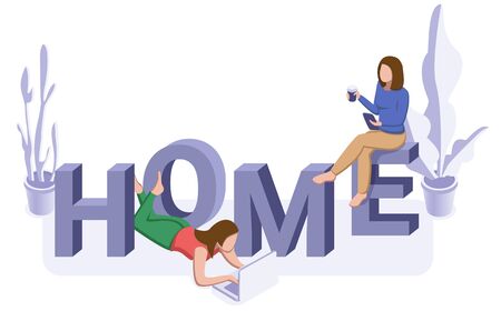 Online self-isolation studying or working concept. Two woman with word home. Vector isometric illustrationのイラスト素材