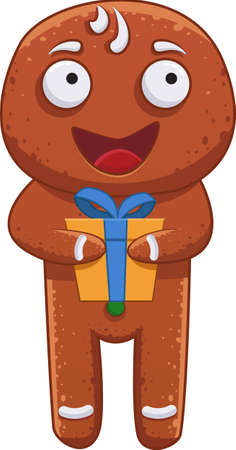 Holiday gingerbread Man cookie with present box. Holiday decor for Christmas and new year design. Vector illustrationのイラスト素材