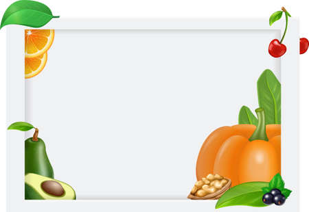 Vector fruits, vegetables and berries flyer banner card template for design. Vector illustrationのイラスト素材