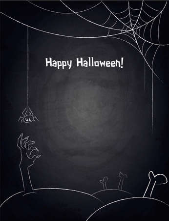 Chalkboard blackboard background for Halloween design with zombie hand and spiderwebのイラスト素材