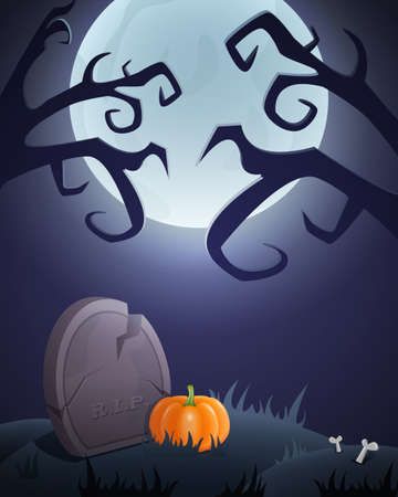 Halloween background with graveyard, grave, moon and pumpkin. Vector illustrationのイラスト素材