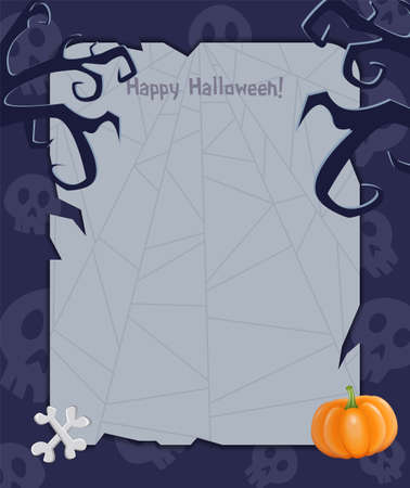 Halloween background with empty sheet of paper, pumpkin, bones and creepy tree branches. Vector illustrationのイラスト素材