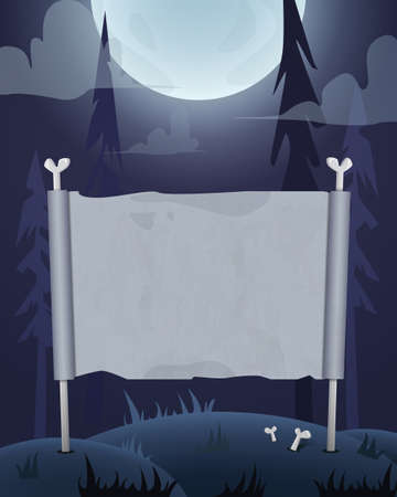 Halloween background with empty sheet of paper, moon and creepy forest. Vector illustrationのイラスト素材