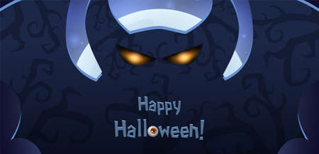 Blue shining Halloween card with silhouette of dark horned demon. Vector illustrationのイラスト素材