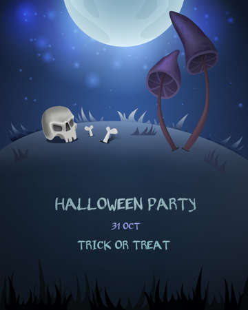 Halloween card for design with creepy mushrooms, skull and moon. Vector illustrationのイラスト素材