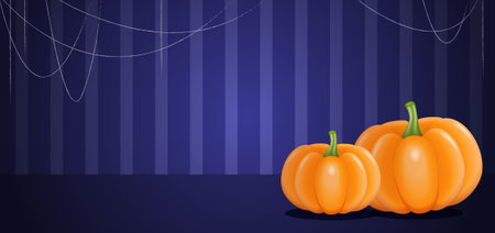 Halloween card with two pumpkins on the blue wall background. Vector illustrationのイラスト素材