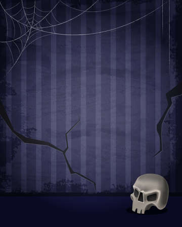 Aged old room with blue striped grunge wallpaper, spiderweb and skull in the corner for Halloween designのイラスト素材