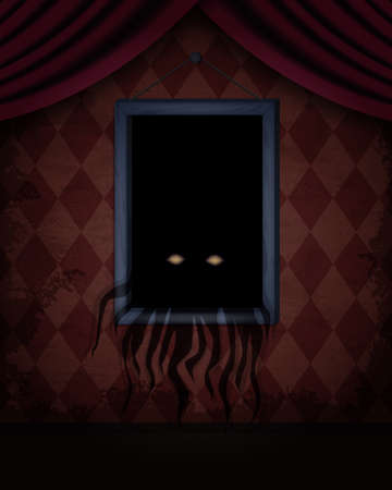 Aged old room with red grunge wallpaper and creepy creature out of hanging picture frame for vector Halloween designのイラスト素材