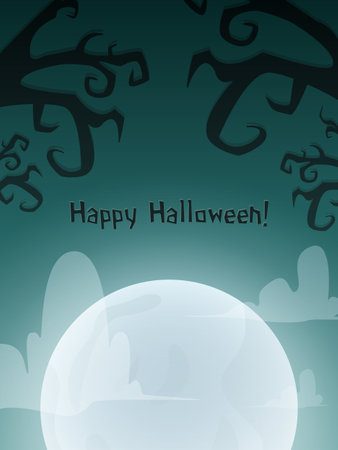Halloween vector background with big moon, clouds and creepy tree branchesのイラスト素材