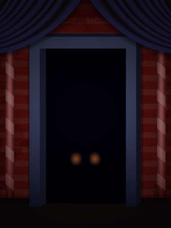 Aged old room with grunge red wallpaper, door and shining creepy eyes for vector Halloween designのイラスト素材