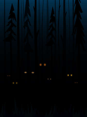 Halloween vector background with dark forest and creepy shining eyes between treesのイラスト素材