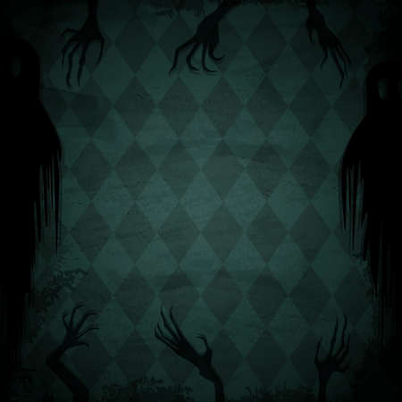 Green grunge wallpaper background with creepy hands and ghosts for vector Halloween designのイラスト素材