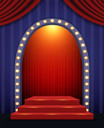 Shining light arch on the blue striped wall background with red curtain and podium for vector designのイラスト素材