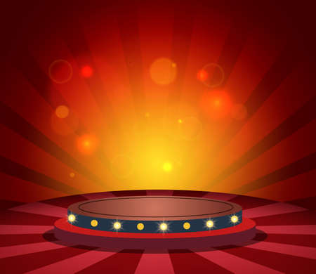 Luxury red shining vector background with beams and podium for presentation, concert and show designのイラスト素材