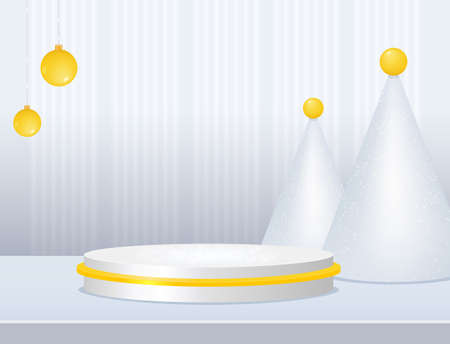 Vector stage white Christmas neon background with geometric round platform, hang balls and creative tree for design show productのイラスト素材