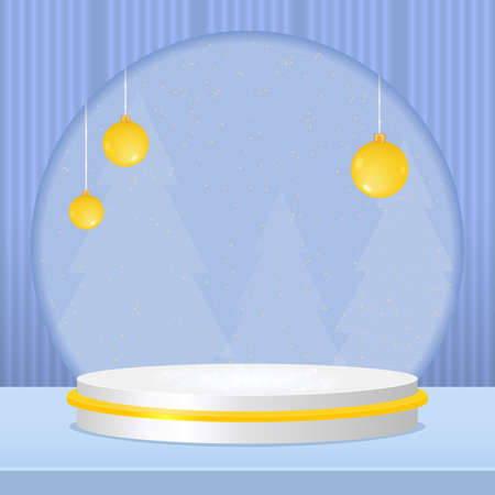 Vector stage blue Christmas neon background with geometric round platform, hang balls and fir trees for design show productのイラスト素材
