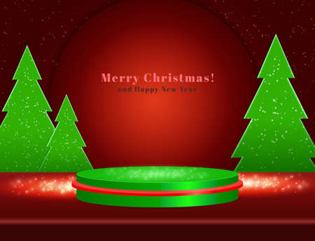 Vector winter Christmas illustration with stage pedestal and fir trees on the red shine backgroundのイラスト素材