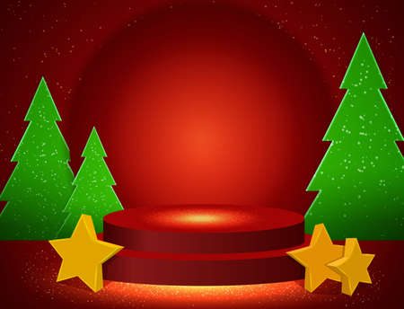 Vector winter Christmas illustration with stage pedestal, fir tree and stars on the red shine backgroundのイラスト素材