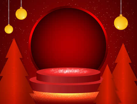 Vector winter Christmas illustration with stage pedestal and fir trees on the red shine backgroundのイラスト素材