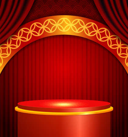 Vector Chinese new year illustration with stage pedestal, asian elements and curtains on red shine backgroundのイラスト素材