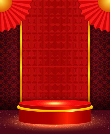 Vector Chinese new year illustration with stage and asian elements on red ornament backgroundのイラスト素材