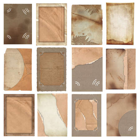 Bunch of Old vintage rough texture retro paper with burnt edges, stains and scratches background