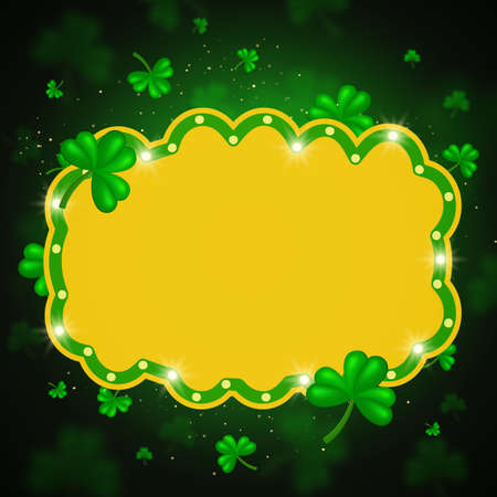 Vector illustration shining background with green clovers and yellow banner for St Patricks day designのイラスト素材