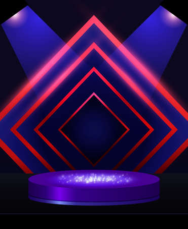 Vector stage pink neon geometric background with geometric blue round platform for design show productのイラスト素材