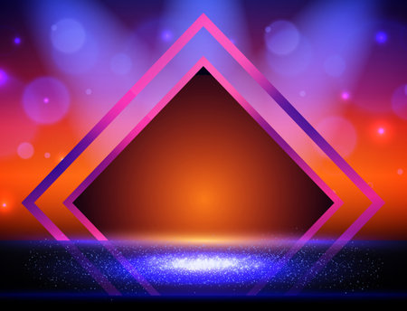 Vector empty neon shine sparkle table or room wall background with triangle banner for design show content productのイラスト素材